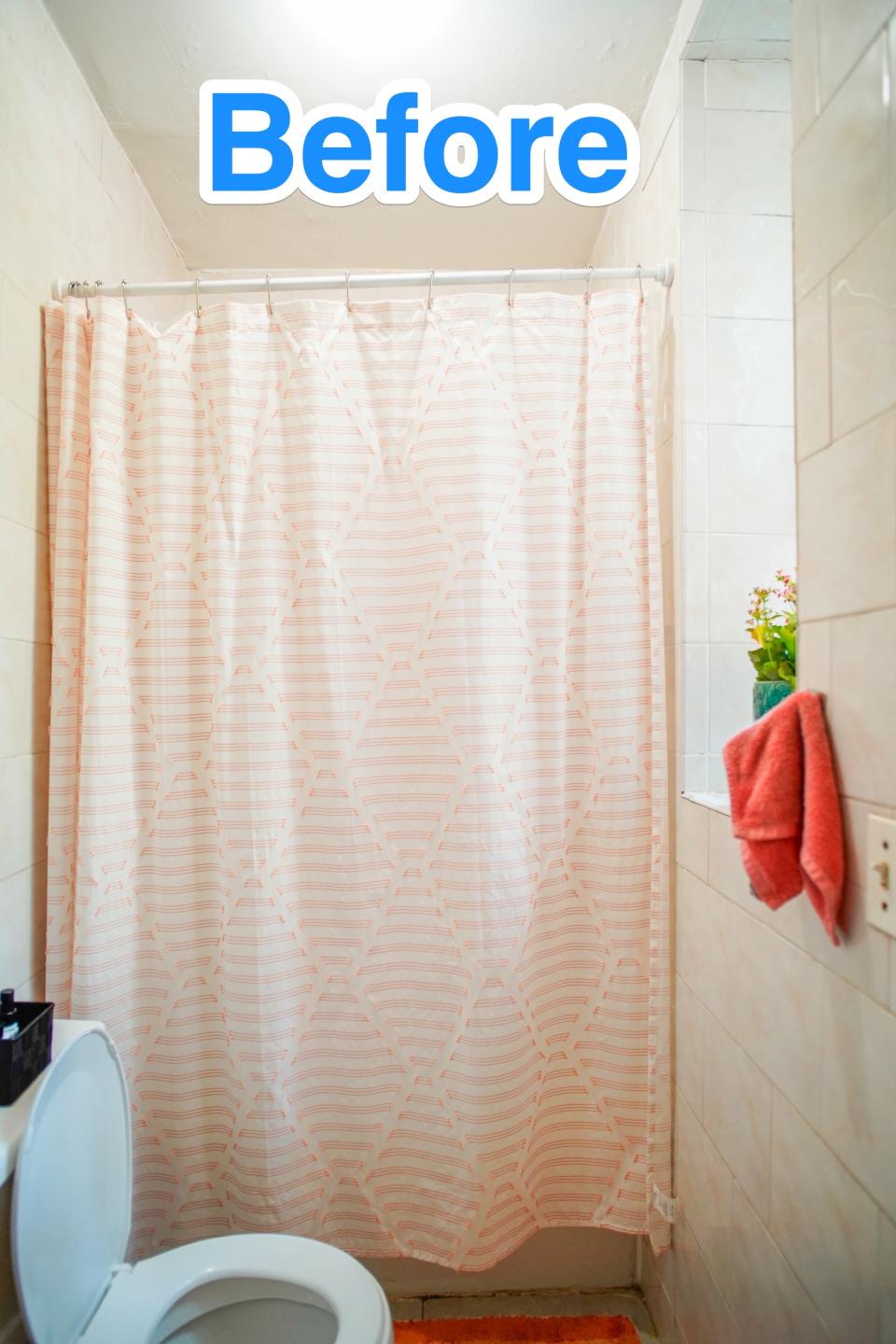 Blue text says "before" at the top of a photo of a bathroom with white walls, a white toilet, and a pink closed shower curtain