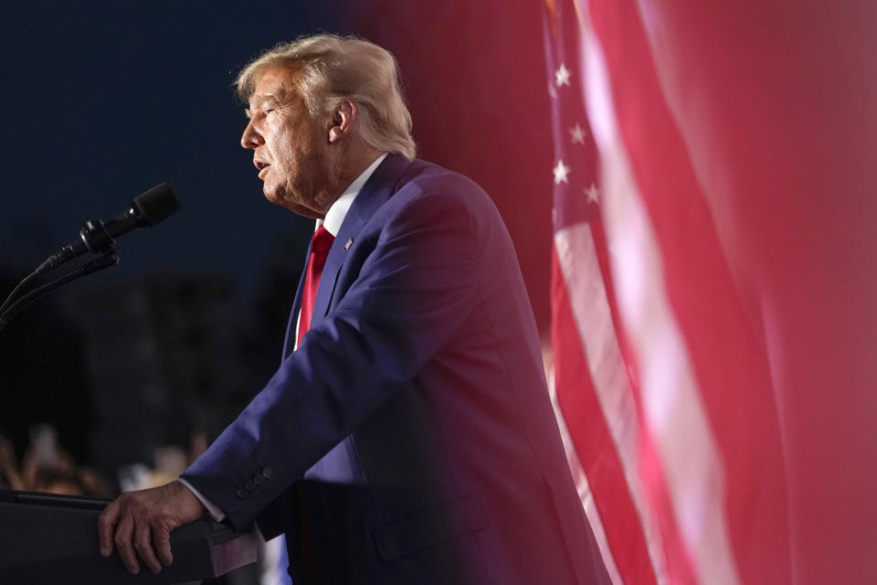 Former President Donald Trump speaks at Trump National Golf Club in Bedminster, N.J., Tuesday, June 13, 2023, after pleading not guilty in a Miami courtroom earlier in the day to dozens of felony counts that he hoarded classified documents and refused government demands to give them back. (Andrew Harnik / AP)