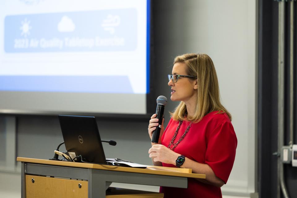 Phoenix Mayor Kate Gallego speaks to air quality experts at the beginning of the National Oceanic and Atmospheric Administration Air quality tabletop exercise hosted by Arizona State University.