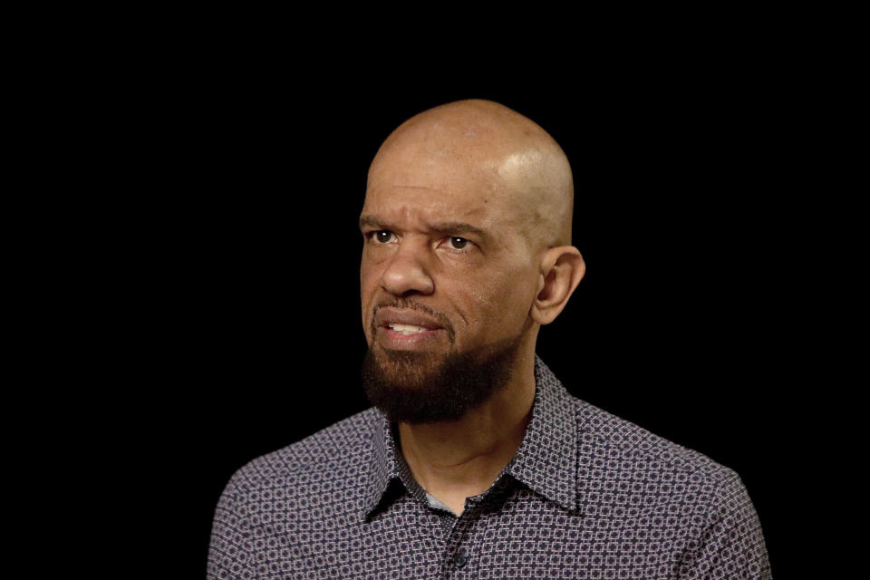 Luther Hall speaks with news reporters in the KMOV TV studio in St. Louis, Mo., on April 6, 2022. A St. Louis judge on Monday, April 15, 2024, awarded nearly $23.5 million to Hall, a former police officer who was beaten by colleagues while working undercover during a 2017 protest. (Hillary Levin/St. Louis Post-Dispatch via AP)