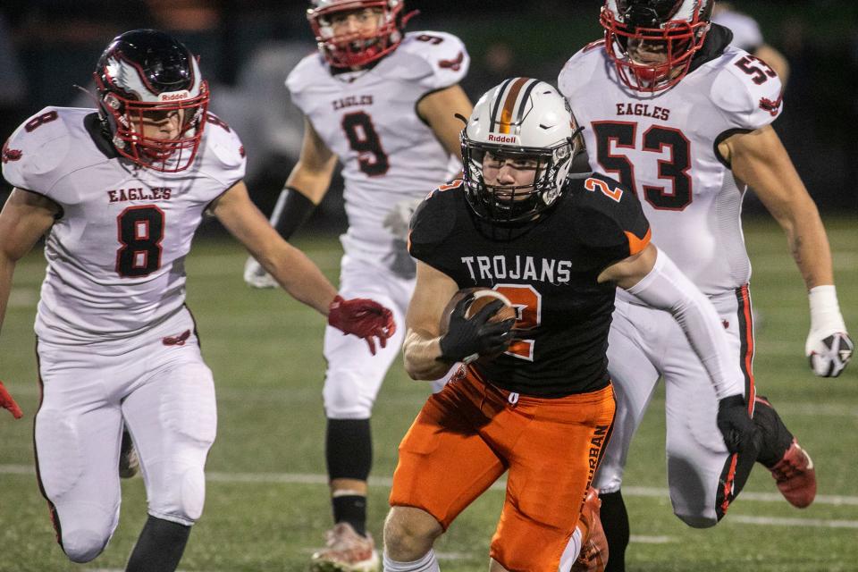 York Suburban's Mikey Bentivegna runs with the ball during a YAIAA Division II football game against Dover at York Suburban High School, Friday, September 30, 2022. The Eagles won, 35-21.