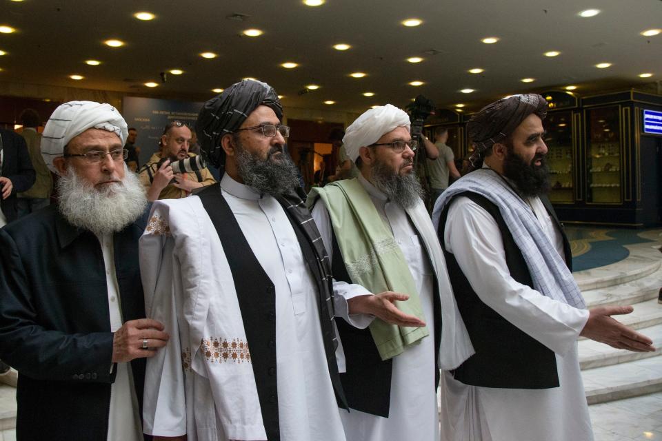 A Taliban delegation arrives in Moscow, on Sept. 7, 2019, for talks with Russian officials.