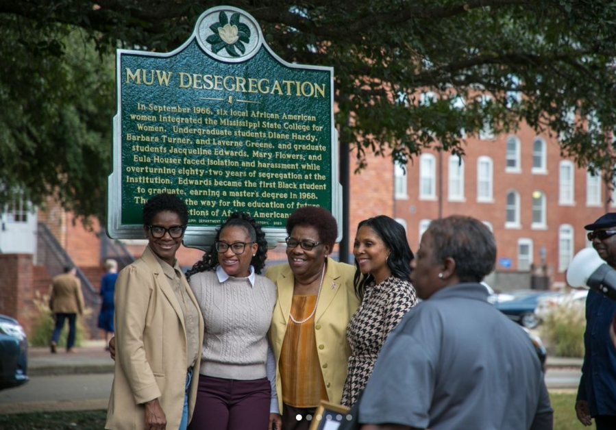 The Mississippi University for Women honored former students Diane Hardy, Barbara Turner, Laverne Greene-Leech, Jacqueline Edwards, Mary Flowers and Eula Houser who integrated the institution in the 1960s with a historical marker on campus on October 19, 2023, in Columbus, Mississippi. (Credit: The Mississippi University for Women)