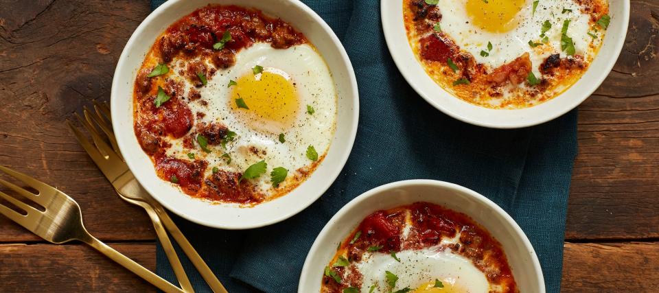 Baked Eggs with Merguez Sausage, Tomatoes, and Smoky Paprika