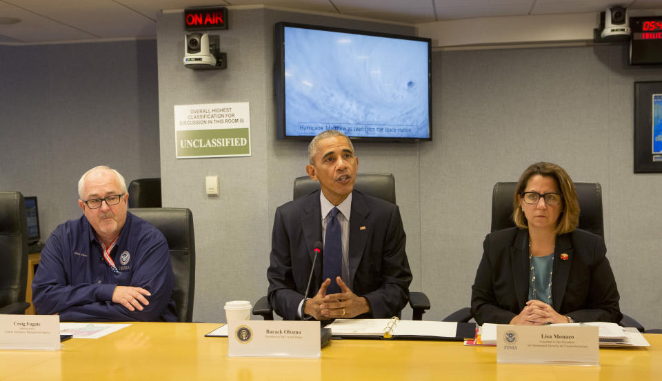 WASHINGTON, DC - OCTOBER 5:  U.S. President Barack Obama makes a statement after receiving a briefing on Hurricane Matthew at the Federal Emergency Management Agency (FEMA) October 5, 2016 in Washington DC. The hurricane has pounded Jamaica and Haiti on its way north toward the U.S. coastline. Also pictured are FEMA Administrator Craig Fugate and Lisa Monaco, Assistant to the President for Homeland Security and Counterterrorism. (Photo by Chris Kleponis-Pool/Getty Images)