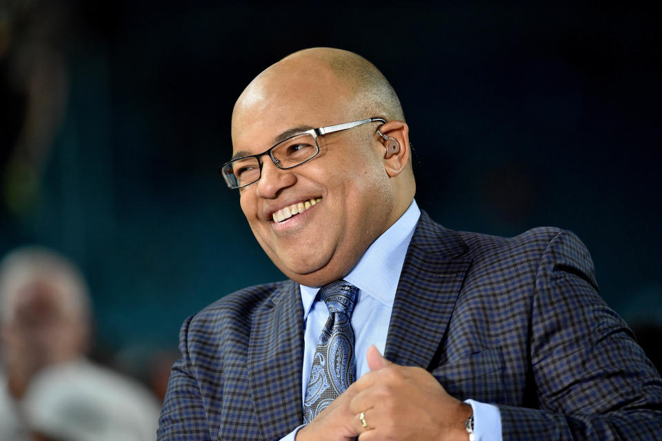NBC Sports broadcaster Mike Tirico before the game between the Oakland Raiders and the Miami Dolphins at Hard Rock Stadium Nov 5, 2017.