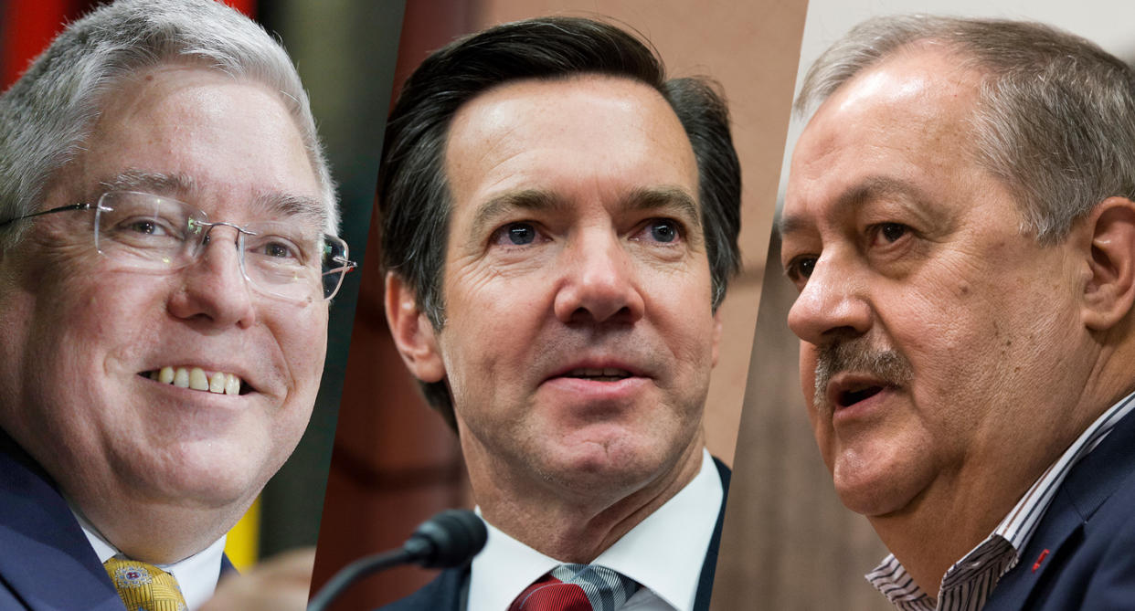 From left, three Republican candidates in the West Virginia Senate primary, Attorney General Patrick Morrisey, Rep. Evan Jenkins, R-W.Va., and former Massey CEO Don Blankenship. (Photos: Luke Sharrett/Bloomberg via Getty Images; Tom Williams/CQ Roll Call/Getty Images; Steve Helber/AP)