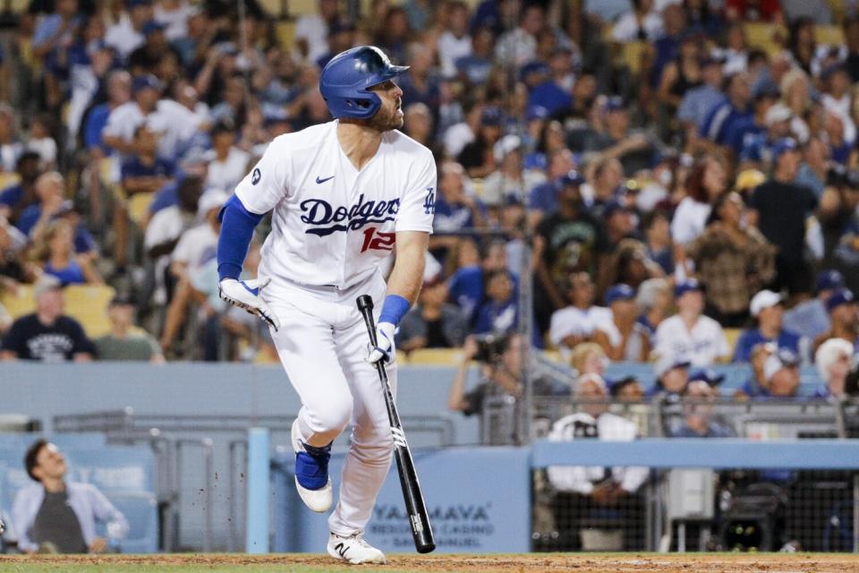 Dodgers' Joey Gallo looks up after hitting a three-run home run.