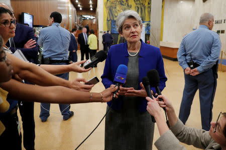 Irina Bokova, Director General of UNESCO, talks to journalists at the headquarters of the United Nations Educational, Scientific and Cultural Organization (UNESCO) in Paris, France, October 12, 2017. REUTERS/Philippe Wojazer