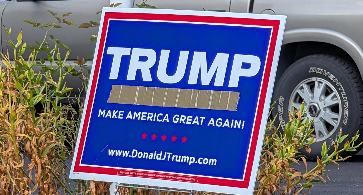 A Trump yard sign near York on Aug. 27, 2024, saved from a previous election, with duct tape over 'Pence.'