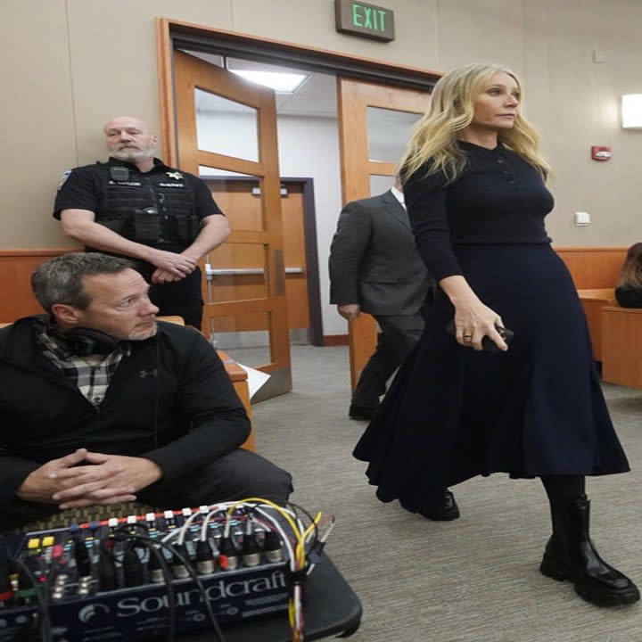 Paltrow served the court on the fourth day with full goth Prada, with a $2,200 black cashmere polo shirt and $1,450 black monolith brushed leather boots.