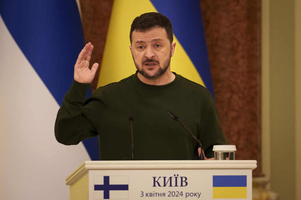 FILE - Ukraine's President Volodymyr Zelenskyy gestures during a press conference with Finland's President Alexander Stubb, in Kyiv, Ukraine, Wednesday, April 3, 2024. Poland's prosecutors say that a Polish man has been arrested on allegations of being ready to assist an alleged plot by Russia's military intelligence to assassinate Ukraine's President Volodymyr Zelenskyy. (AP Photo/Vadim Ghirda)