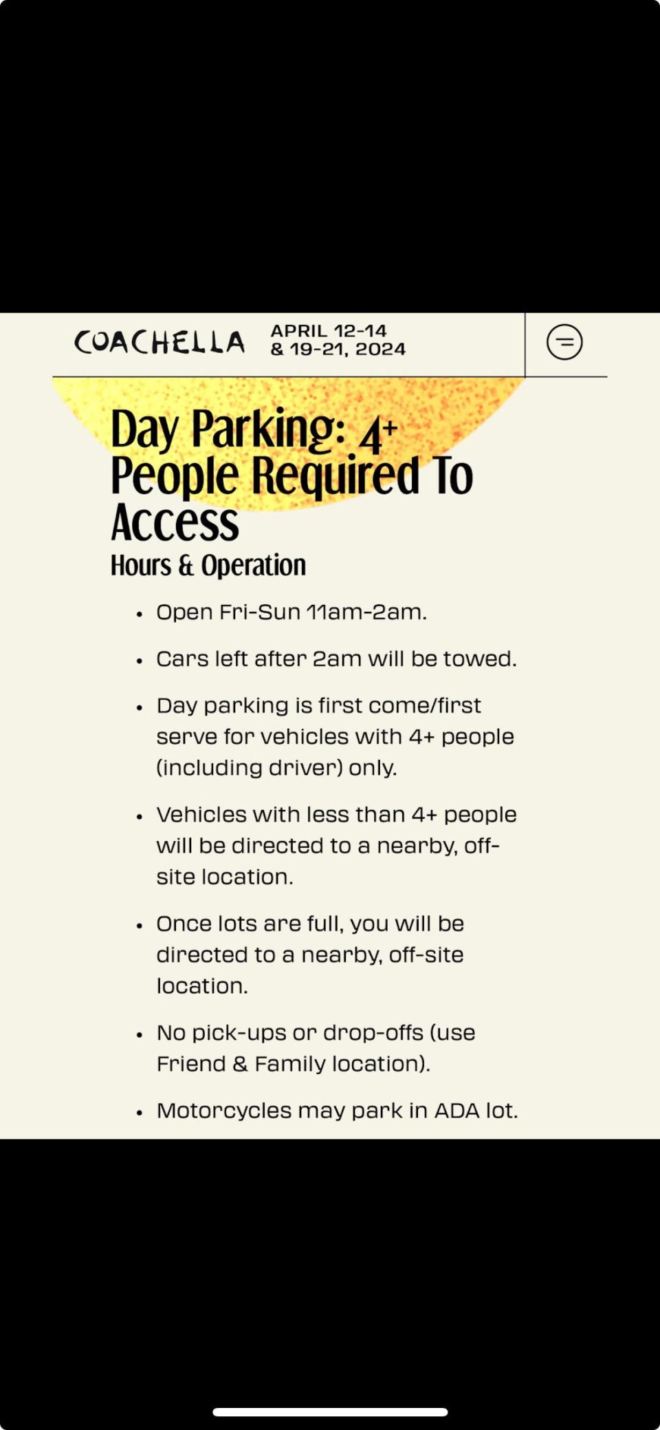 Los Angeles-based concert promoter Goldenvoice changed the rules for day parking for Coachella 2024.