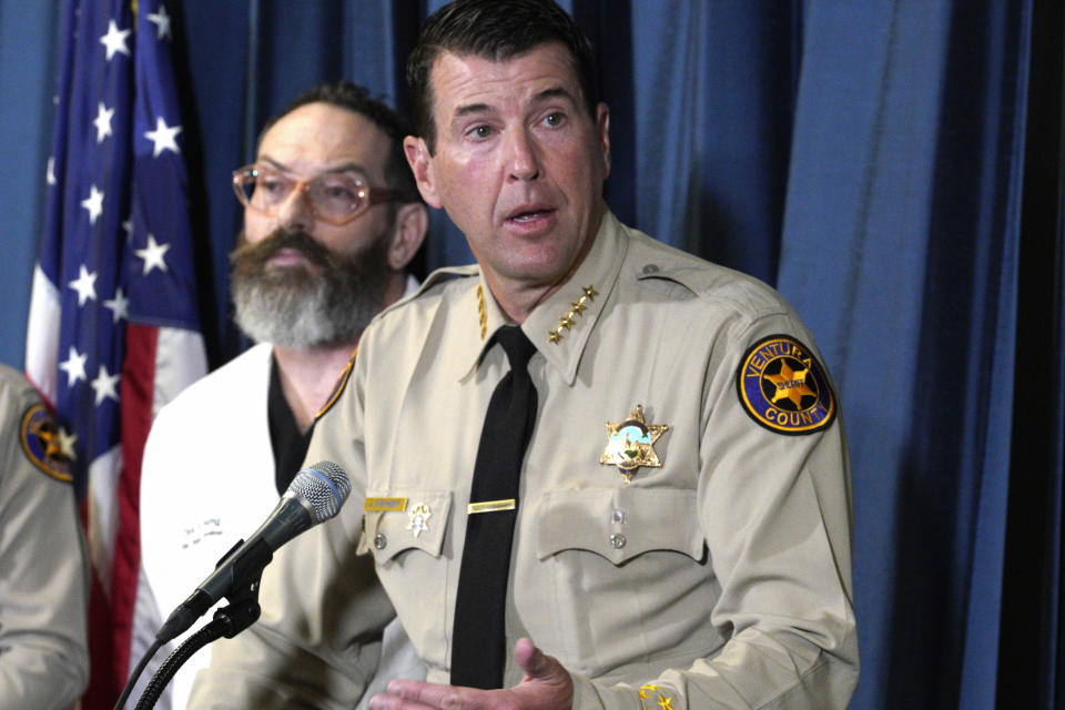 FILE - Ventura County Sheriff Jim Fryhoff takes questions as Chief Medical examiner Ventura, Dr. Christopher Young, looks on during a news conference at the Ventura Sheriff's East County Station in Thousand Oaks, Calif., Tuesday, Nov. 7, 2023. California authorities have arrested a man in connection with the death of a Jewish protester during demonstrations over the Israel-Hamas war. (AP Photo/Richard Vogel, File)