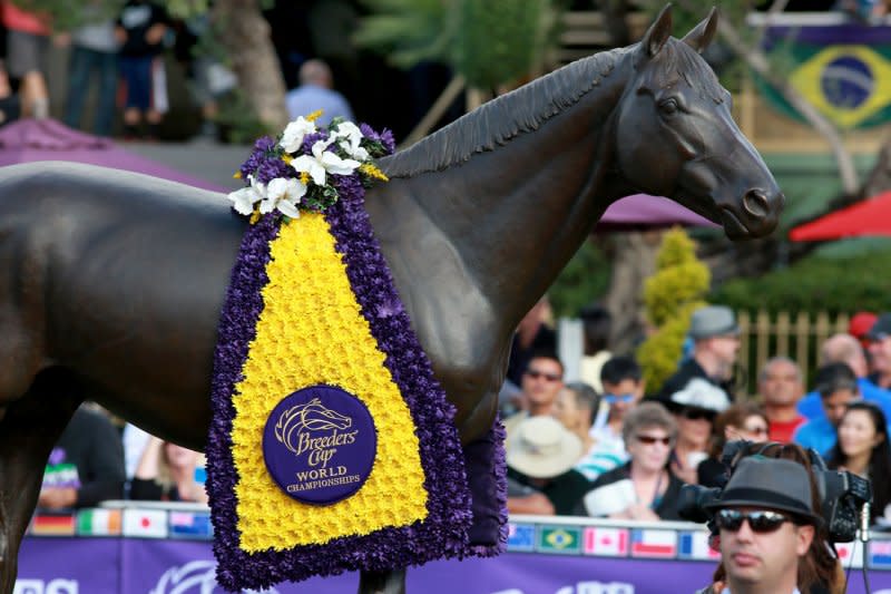 A statue of legendary thoroughbred Seabiscuit stands in the paddock at the 2014 Breeders Cup World Championships at Santa Anita Park in Arcadia, Calif., on November 1, 2014. On November 1, 1938, Seabiscuit beat War Admiral in horse racing's "match of the century." File Photo by Jonathan Alcorn/UPI