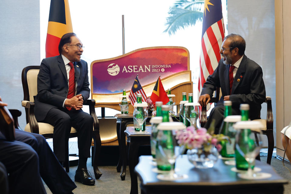 Malaysian Prime Minister Anwar Ibrahim, left, talks with his East Timorese counterpart Taur Matan Ruak during their bilateral meeting on the sidelines of the 42nd ASEAN Summit in Labuan Bajo, East Nusa Tenggara province, Indonesia, Wednesday, May 10, 2023. (Willy Kurniawan/Pool Photo via AP)