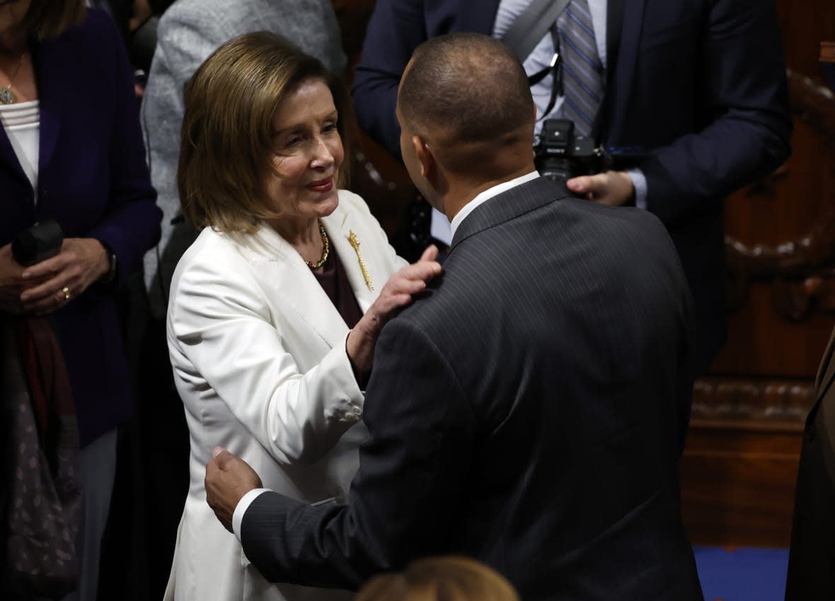 U.S. Speaker of the Nancy Pelosi (D-CA) talks to House Democratic Conference Chairman Rep. Hakeem Jeffries (D-NY) after Pelosi delivered remarks from the House Chambers of the U.S. Capitol Building on November 17, 2022 in Washington, DC. (Photo by Anna Moneymaker/Getty Images)
