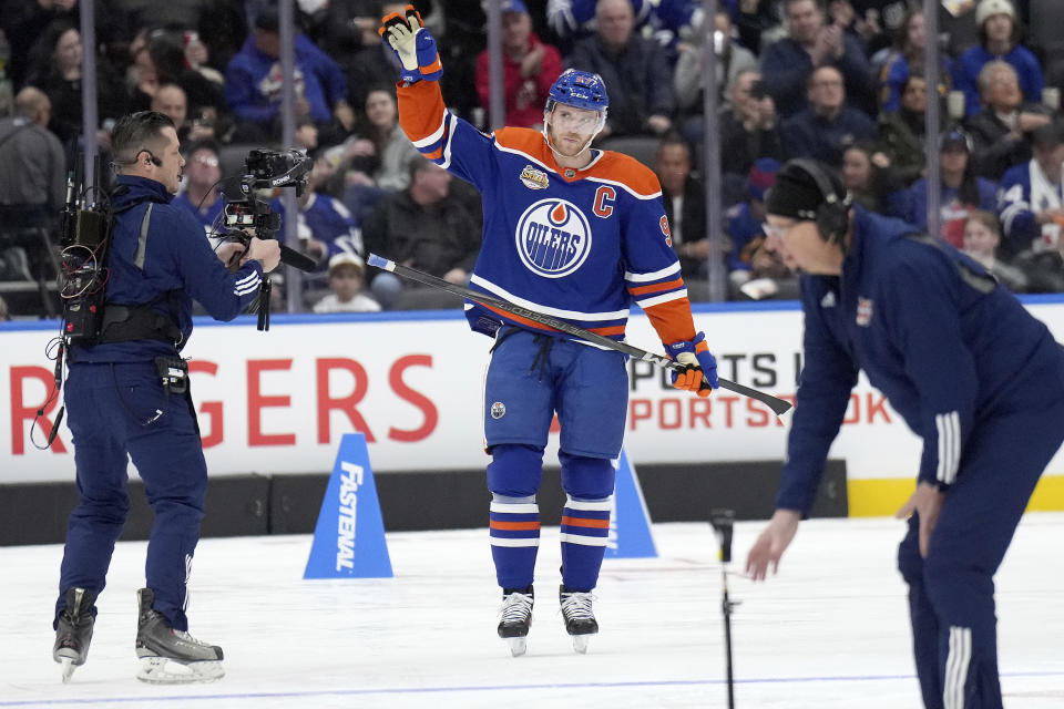 Edmonton Oilers' Connor McDavid skates during the NHL All-Star hockey skills competition's fastest skater section Friday, Feb. 2, 2024 in Toronto. (Nathan Denette/The Canadian Press via AP)