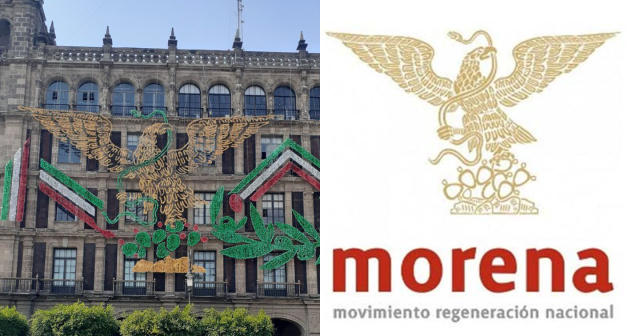 Está el logo de Morena en el alumbrado de las fiestas patrias del Zócalo?