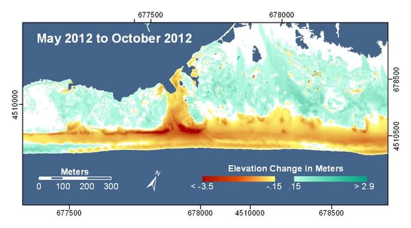 Fire Island National Seashore, post-storm change in elevation. The lidar image shows sand was washed inland and the island was breached by waves.