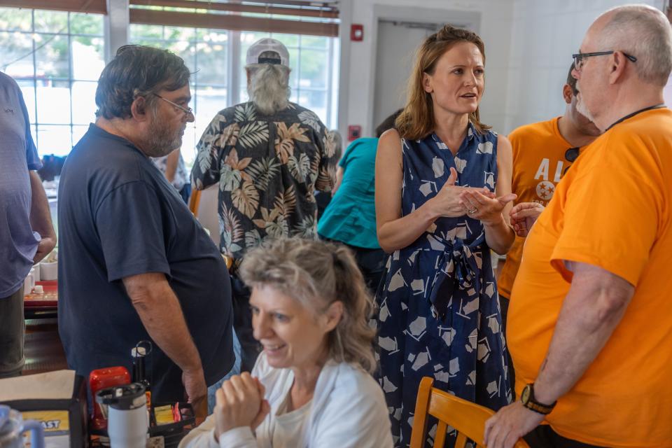 Business strategist and former Haslam administration official Alice Rolli meets with the Davidson County Conservatives at a breakfast at the Golden Corral in Hermitage, Tenn., on Aug. 26, 2023.
