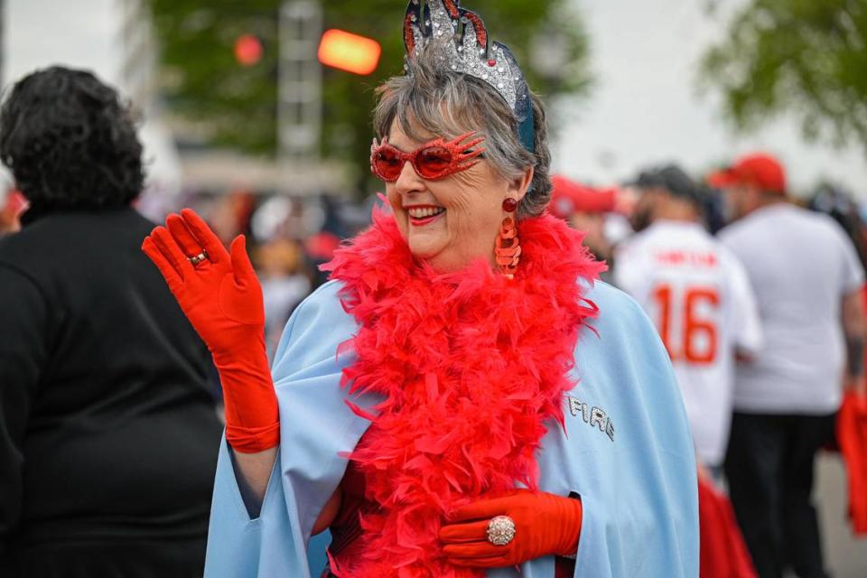 Linda Carter from Nashville, Tennessee was dressed as “Fire” for the Titans at the NFL Draft Experience Thursday, April 27, 2023, at the National WWI Museum and Memorial in Kansas City.