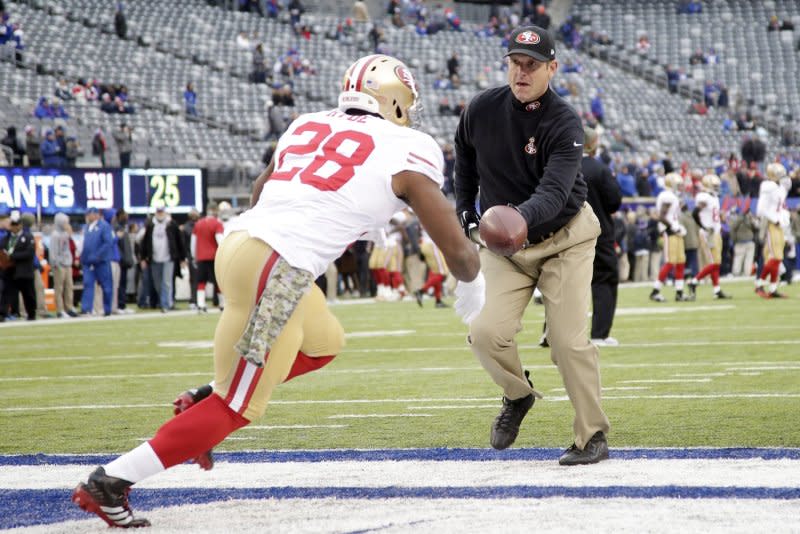 Jim Harbaugh, who coached the San Francisco 49ers from 2011 through 2014, is set to return to the NFL. File Photo by John Angelillo/UPI
