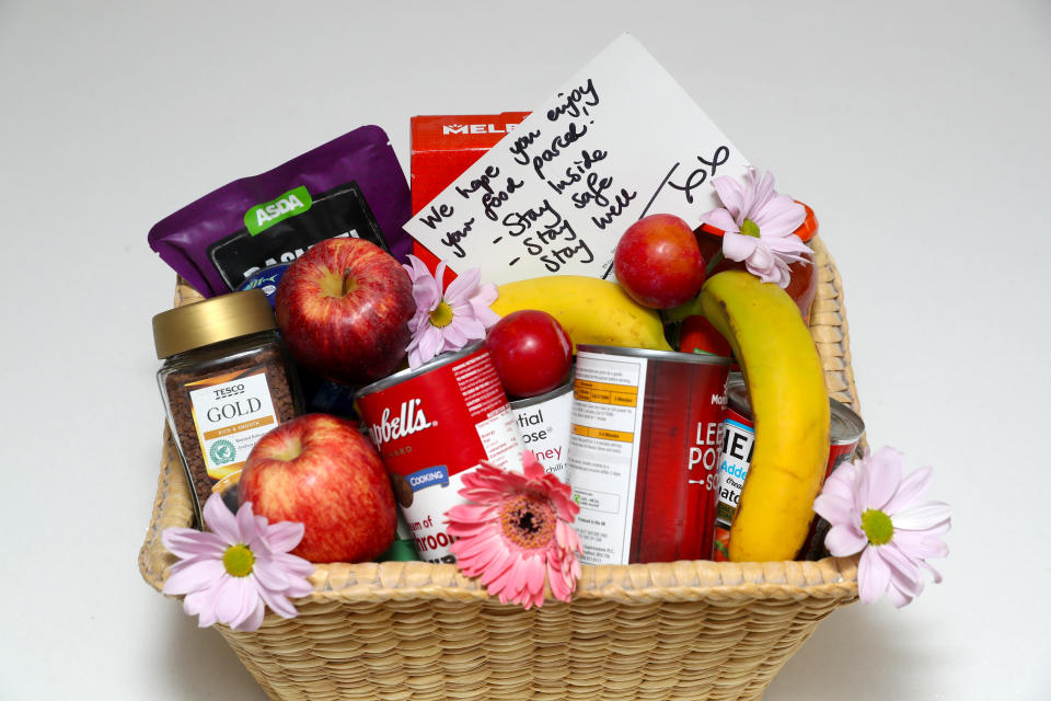 A food parcel and notecard prepared for those less fortunate in Cheltenham as the UK continues in lockdown to help curb the spread of the coronavirus.