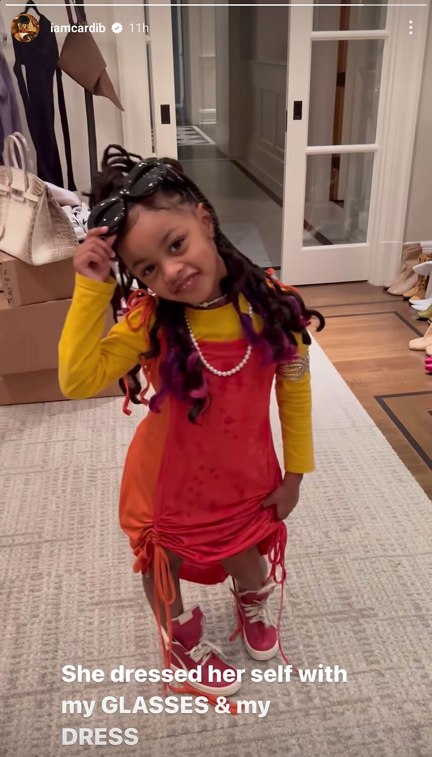 Cardi B's Daughter Kulture Plays in Mom's Clothes and Strikes a Pose: 'She Dressed Herself'