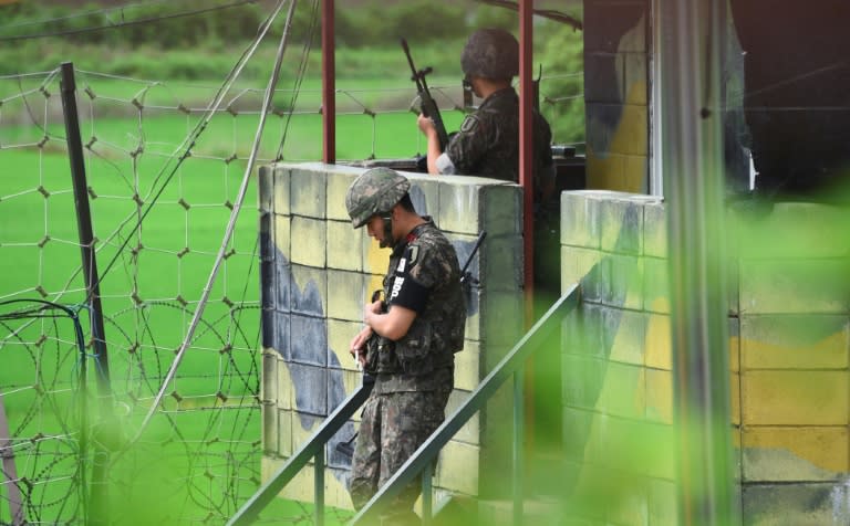 South Korean soldiers stand guard near the Demilitarized Zone (DMZ) dividing the two Koreas in the border city of Paju