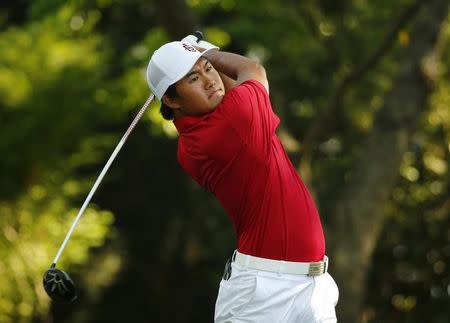 Gunn Yang of South Korea hits a driver off the second tee during first round play of the Masters golf tournament at the Augusta National Golf Course in Augusta, Georgia April 9, 2015. REUTERS/Mark Blinch