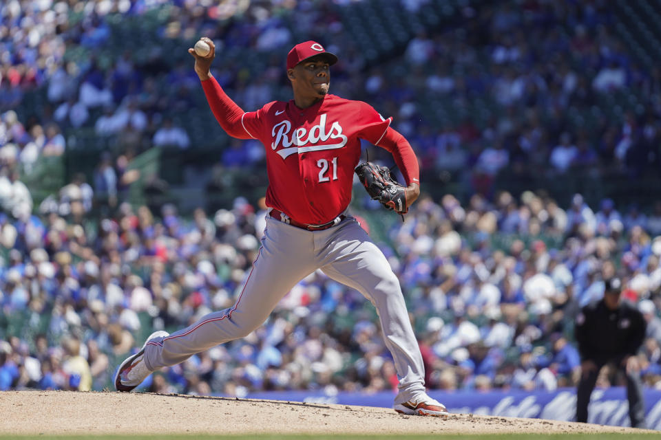 Cincinnati Reds starting pitcher Hunter Greene throws during the first inning of a baseball game against the Chicago Cubs Friday, May 26, 2023, in Chicago. (AP Photo/Erin Hooley)