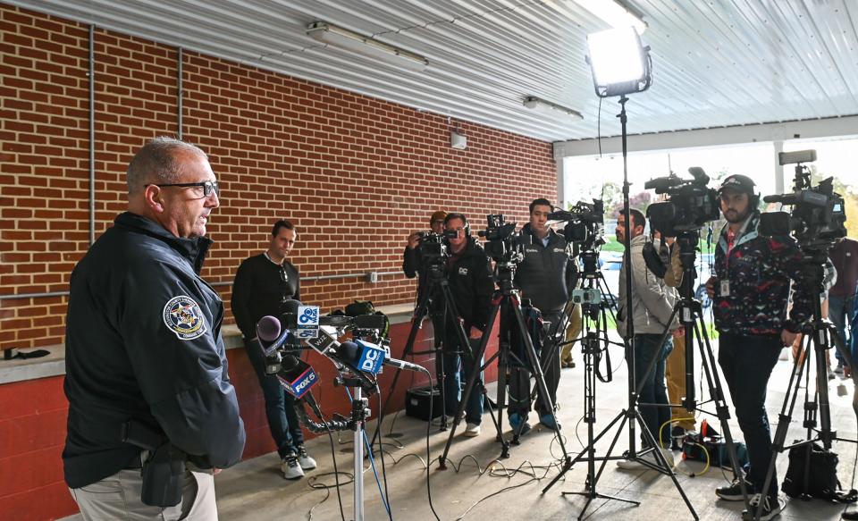 Washington County Sheriff Brian Albert holds a press conference at a Byron Memorial Park pavilion in Williamsport on Saturday after authorities found fugitive Pedro Argote's SUV near the town. Argote is the suspect in the killing of Circuit Court Judge Andrew Wilkinson on Oct. 19, 2023.