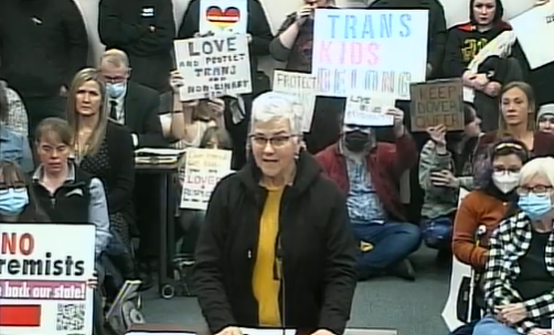 Dover resident and former city School Board candidate Sally Staude speaks at the Dover School Board meeting on Monday, March 13, 2023.