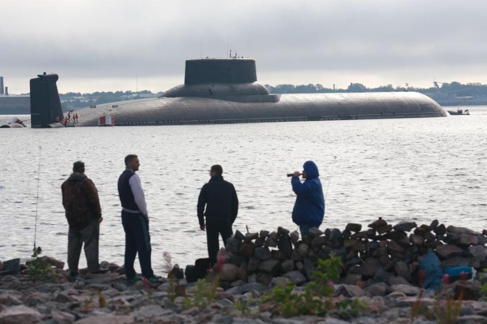 The Dmitriy Donskoy (TK-208) nuclear ballistic missile submarine arrives at St Petersburg to take part in a ship parade marking Russian Navy Day in Russia on July 26, 2017 (Sergey Mihailicenko)