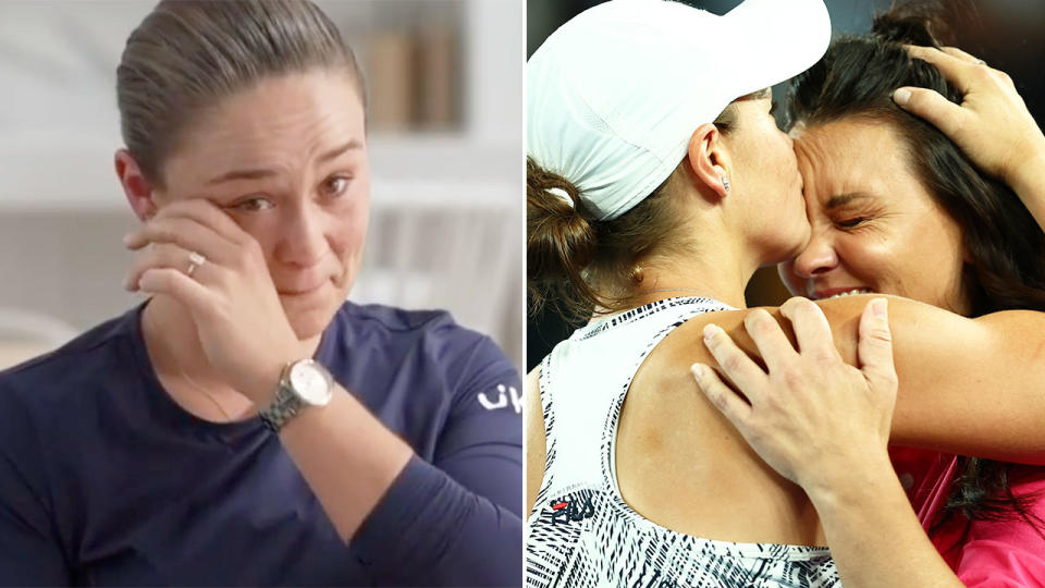 Pictured left is Ash Barty announcing her retirement and kissing good friend Casey Dellacqua after winning the 2022 Australian Open.