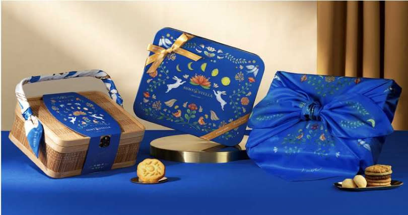 「星夜」系列禮盒以深遠靜謐的藍色調為基礎，融合許多大自然元素，象徵中秋佳節的人情團聚和大地豐收的氛圍。（圖／詩特莉提供）