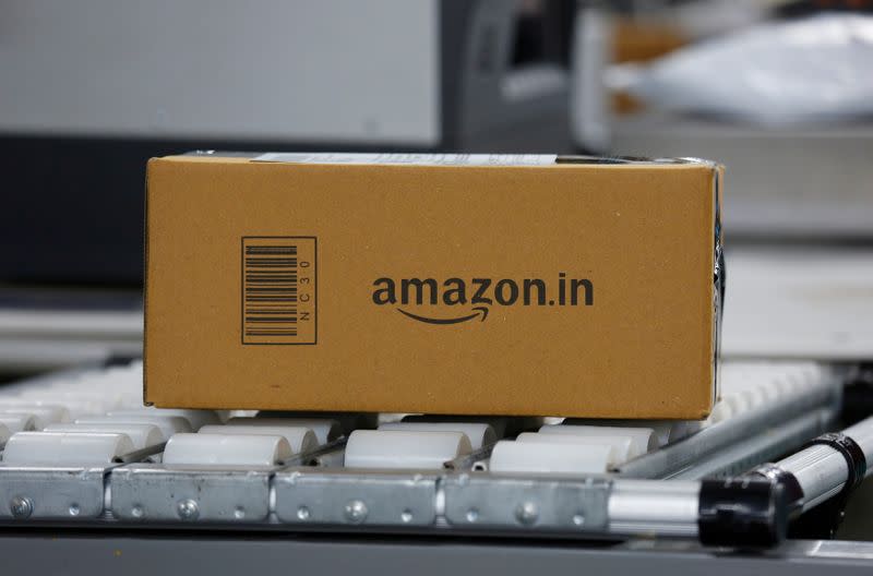 FILE PHOTO: A shipment moves on a conveyor belt at an Amazon Fulfillment Centre (BLR7) on the outskirts of Bengaluru