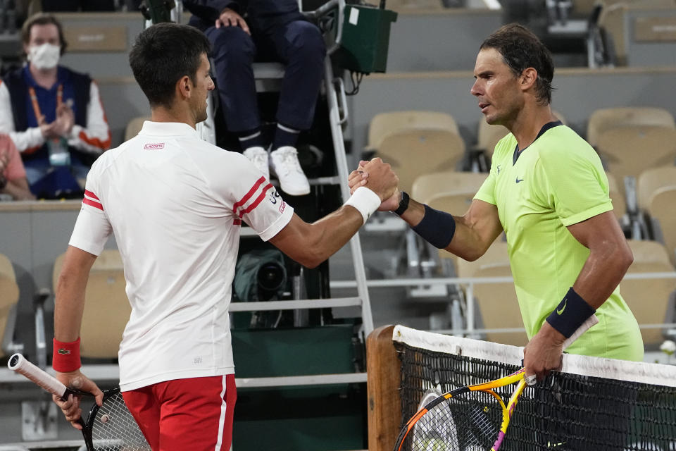 Novak Djokovic(左)及Rafael Nadal(右)。 (AP Photo/Michel Euler, Filer)