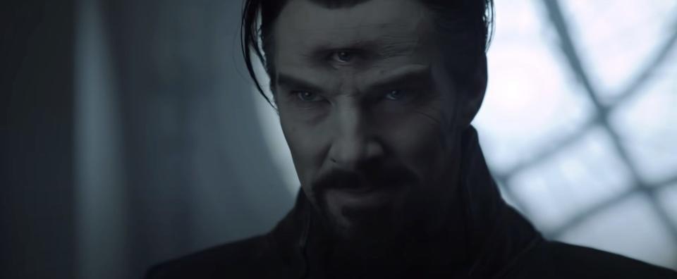 Stephen Strange with a third eye on his forehead in "Doctor Strange in the Multiverse of Madness."