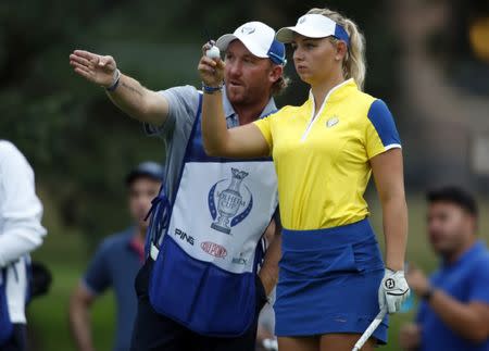 Aug 19, 2017; West Des Moines, IA, USA; Europe golfer Emily Pedersen tees off on the 4th hole during the second round morning session during The Solheim Cup international golf tournament at Des Moines Golf and Country Club. Mandatory Credit: Brian Spurlock-USA TODAY Sports