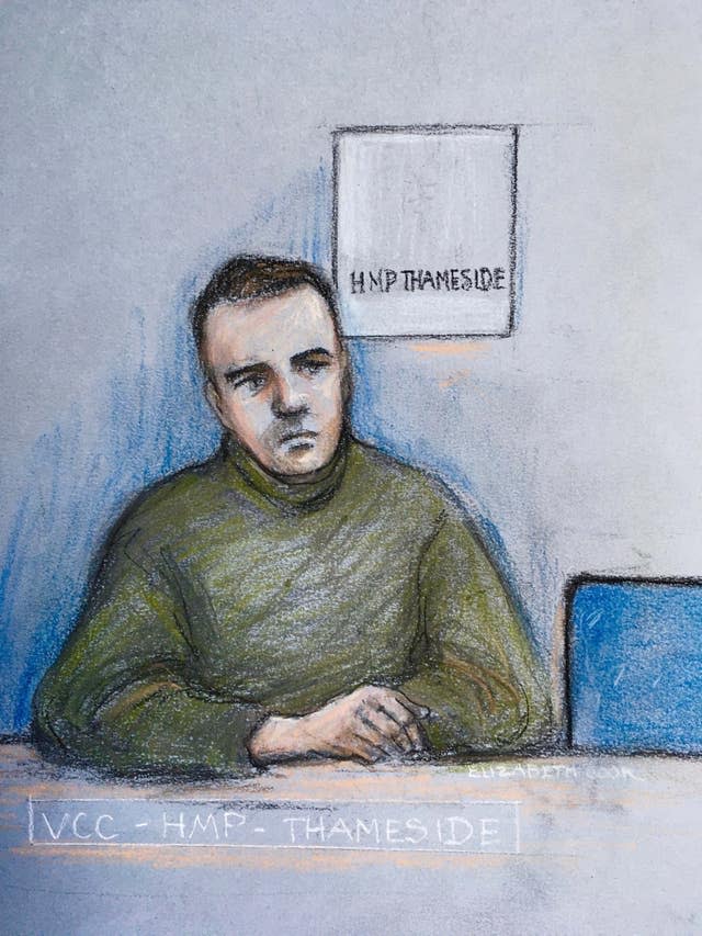 Court artist's sketch by Elizabeth Cook of Jordan McSweeney appearing via video link from HMP Thameside during a hearing at the Old Bailey, London