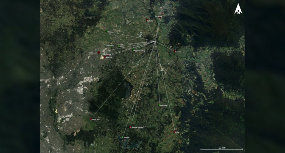 A map showing the distances kangaroos travelled after leaving their new home.