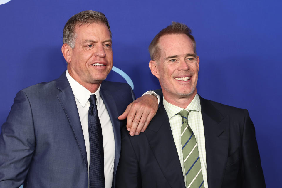 NEW YORK, NEW YORK - MAY 17: ESPN's Troy Aikman and Joe Buck attend the 2022 ABC Disney Upfront at Basketball City - Pier 36 - South Street on May 17, 2022 in New York City. (Photo by Arturo Holmes/WireImage)