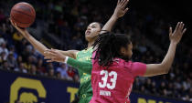 FILE - In this Friday, Feb. 21, 2020, file photo, Oregon's Satou Sabally, left, shoots past California's Jaelyn Brown (33) in the first half of an NCAA college basketball game in Berkeley, Calif. Sabally has submitted paperwork to enter the WNBA draft, which is scheduled to be held April 17, 2020. (AP Photo/Ben Margot, File)