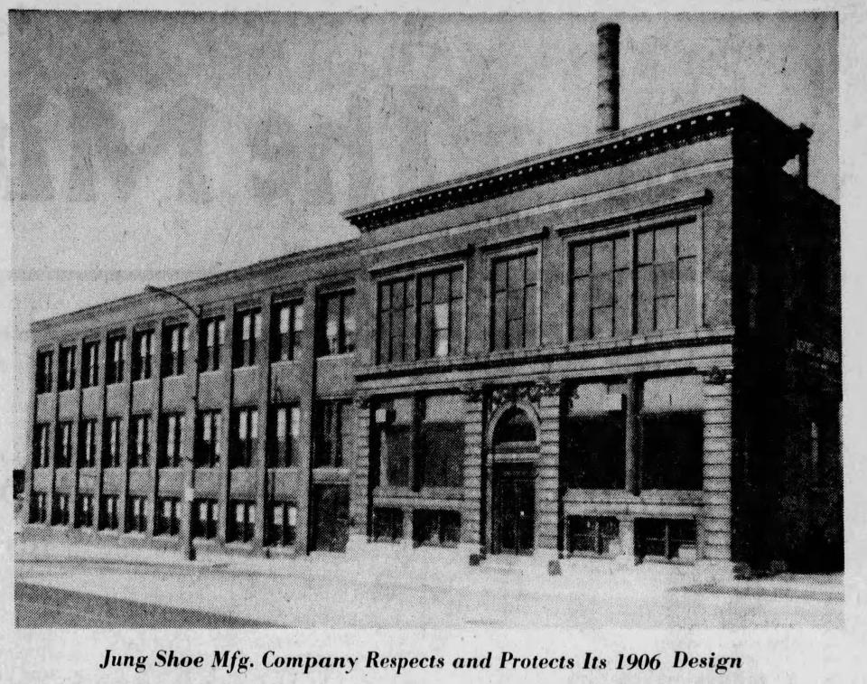 The Jung Shoe Manufacturing Co. building as seen in an April 1983 Sheboygan Press story about the building receiving county landmark designation.