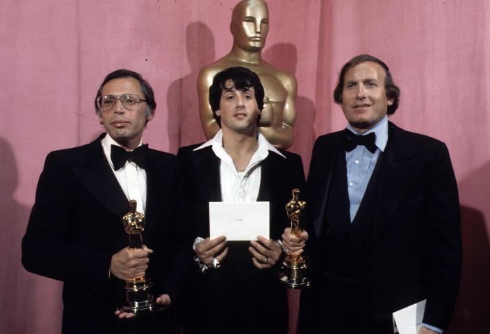 THE 49TH ANNUAL ACADEMY AWARDS - Show Coverage - Airdate: March 28, 1977. (Photo by ABC Photo Archives/Disney General Entertainment Content via Getty Images)
IRWIN WINKLER;SYLVESTER STALLONE;ROBERT CHARTOFF