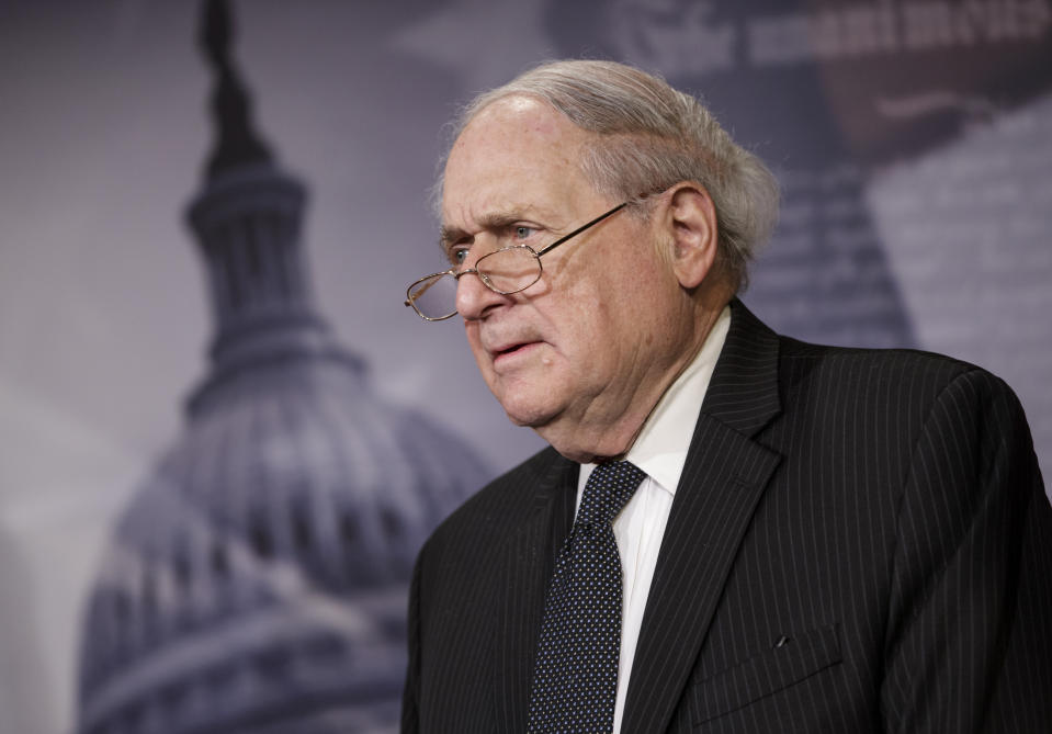 FILE - In this Thursday, Dec. 4, 2014 file photo, Senate Armed Services Committee Chairman Sen. Carl Levin, D-Mich., attends a news conference about the release of a Pentagon report on sexual assault in the military, at the Capitol in Washington. Former Sen. Carl Levin, a powerful voice for the military during his career as Michigan’s longest-serving U.S. senator, has died. The Democrat was 87. Levin’s family says Levin died Thursday, July 29, 2021. (AP Photo/J. Scott Applewhite, File)