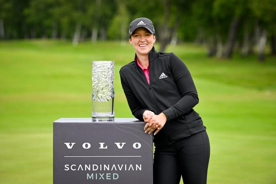 Linn Grant poses with the trophy after winning the Scandinavian Mixed (Pontus Lundahl/TT via AP) (AP)