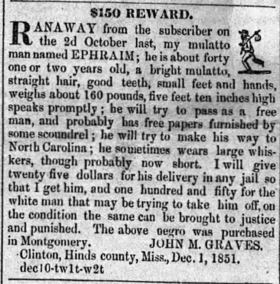 A runaway slave ad for Ephraim in the Montgomery Advertiser from 1851.
